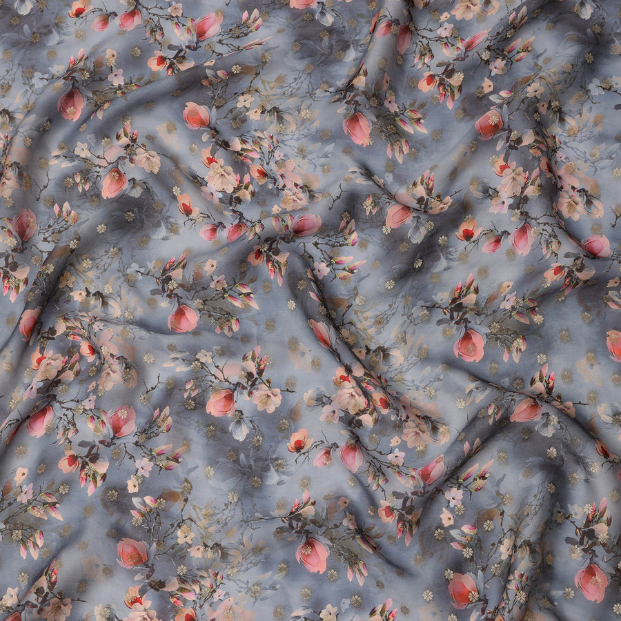 Steel Blue Floral Synthetic Organza Satin Fabric, 110 cm Wide, Made in India-D20982 Regal Fabrics