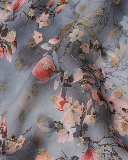 Steel Blue Floral Synthetic Organza Satin Fabric, 110 cm Wide, Made in India-D20982