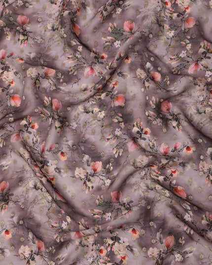 Mauve Floral Synthetic Organza Satin Fabric, 110 cm Wide, Made in India-D20983