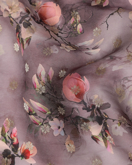 Mauve Floral Synthetic Organza Satin Fabric, 110 cm Wide, Made in India-D20983