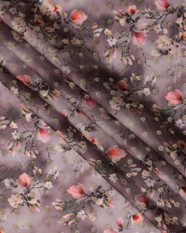 Mauve Floral Synthetic Organza Satin Fabric, 110 cm Wide, Made in India-D20983