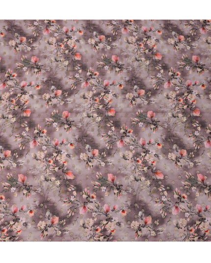 Mauve Floral Synthetic Organza Satin Fabric, 110 cm Wide, Made in India-D20983