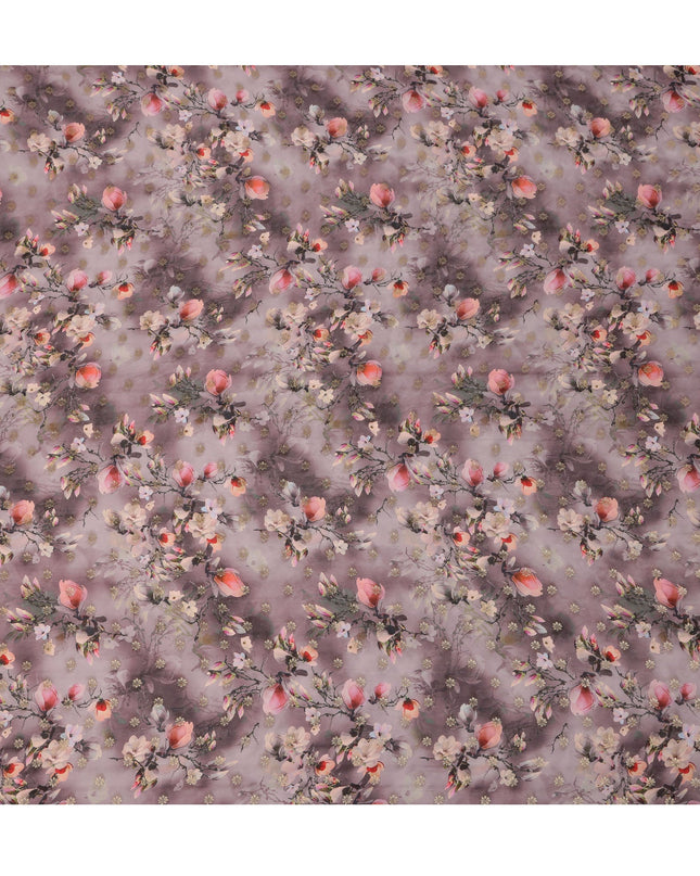 Mauve Floral Synthetic Organza Satin Fabric, 110 cm Wide, Made in India-D20983