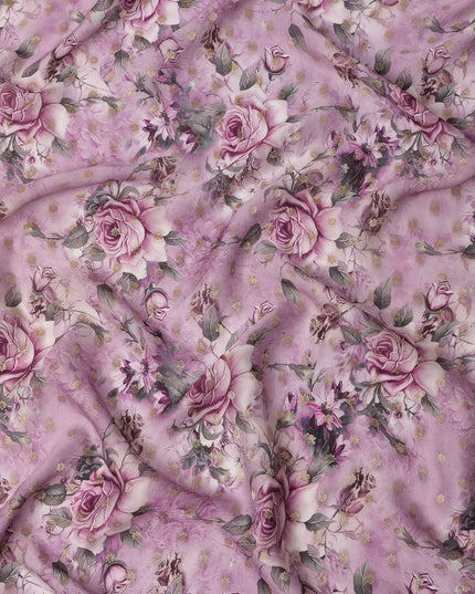 Lilac Pink Floral Synthetic Organza Satin Fabric, 110 cm Wide, Made in India-D20984