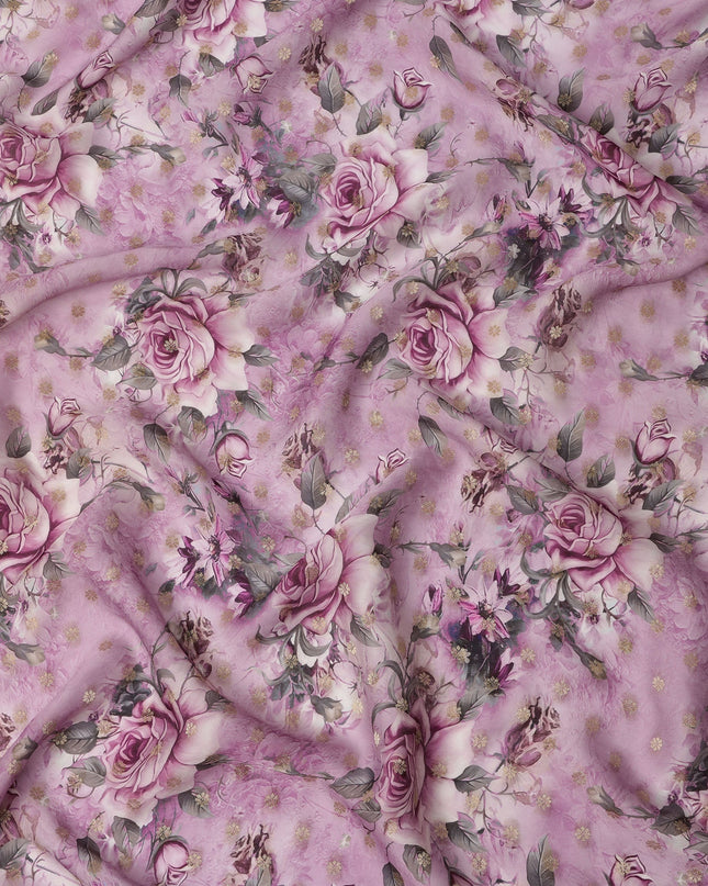 Lilac Pink Floral Synthetic Organza Satin Fabric, 110 cm Wide, Made in India-D20984