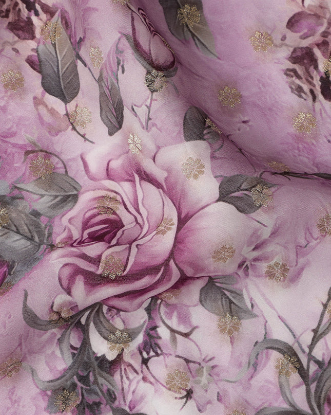 Lilac Pink Floral Synthetic Organza Satin Fabric, 110 cm Wide, Made in India-D20984