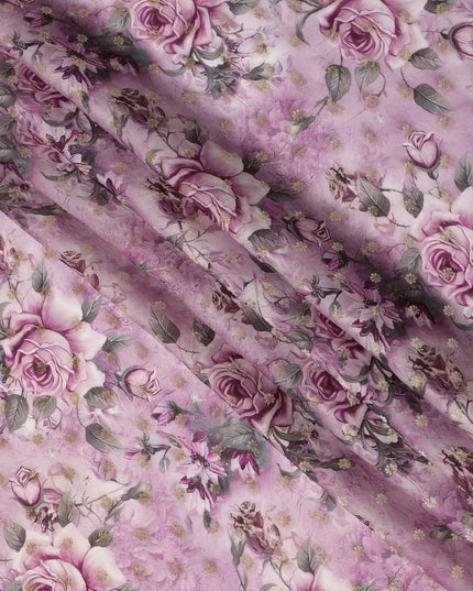 Lilac Pink Floral Synthetic Organza Satin Fabric, 110 cm Wide, Made in India-D20984