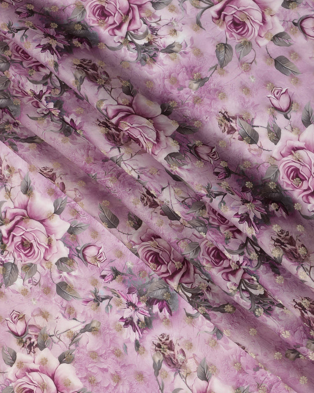 Lilac Pink Floral Synthetic Organza Satin Fabric, 110 cm Wide, Made in India-D20984