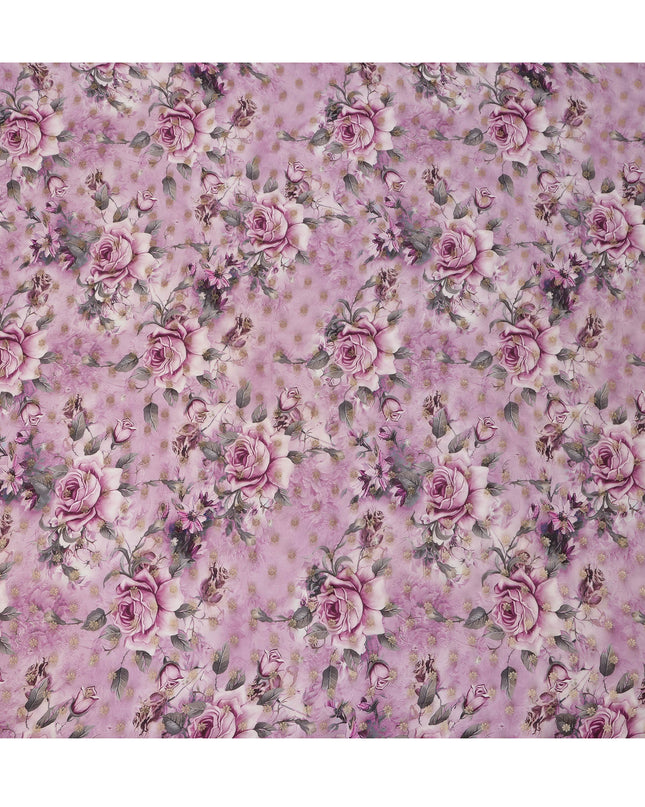 Lilac Pink Floral Synthetic Organza Satin Fabric, 110 cm Wide, Made in India-D20984