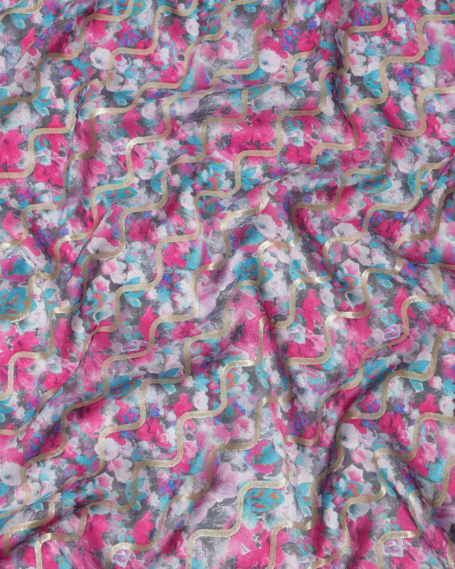 Fuchsia Multi-Color Abstract Floral Viscose Crepe Digital Print Fabric, 110 cm Wide, Made in India-D20985