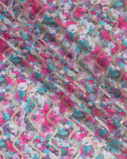 Fuchsia Multi-Color Abstract Floral Viscose Crepe Digital Print Fabric, 110 cm Wide, Made in India-D20985