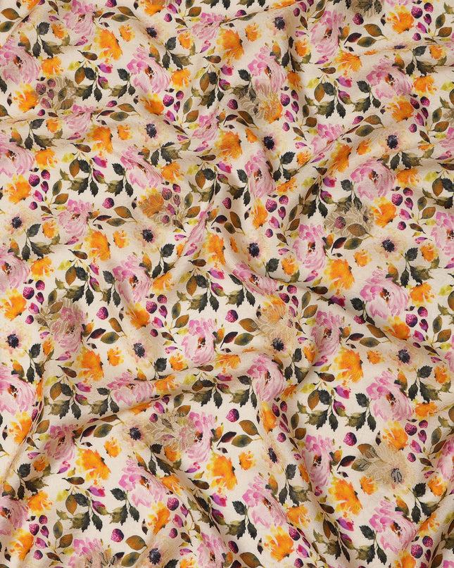 Ivory Floral Viscose Crepe Digital Print Fabric, 110 cm Wide, Made in India-D20986