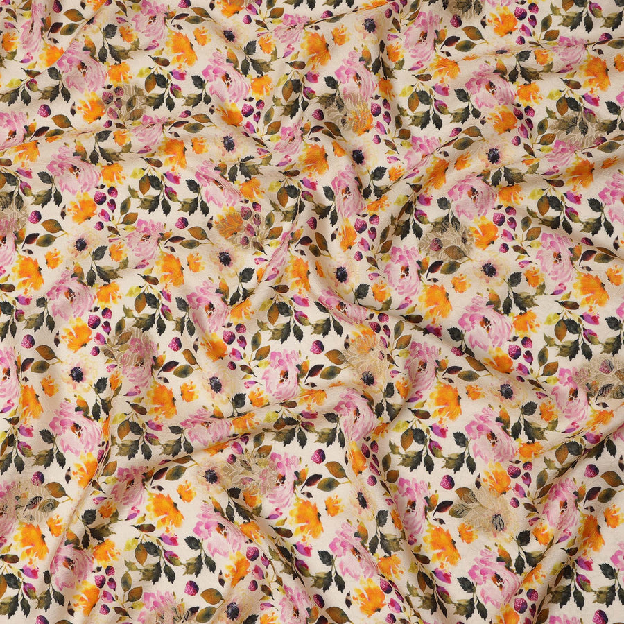 Ivory Floral Viscose Crepe Digital Print Fabric, 110 cm Wide, Made in India-D20986 Regal Fabrics
