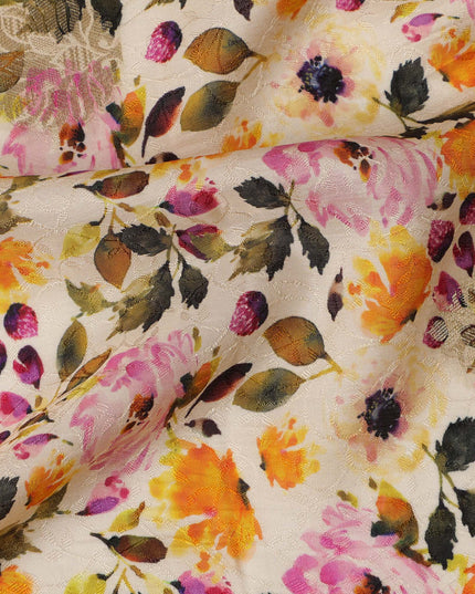 Ivory Floral Viscose Crepe Digital Print Fabric, 110 cm Wide, Made in India-D20986