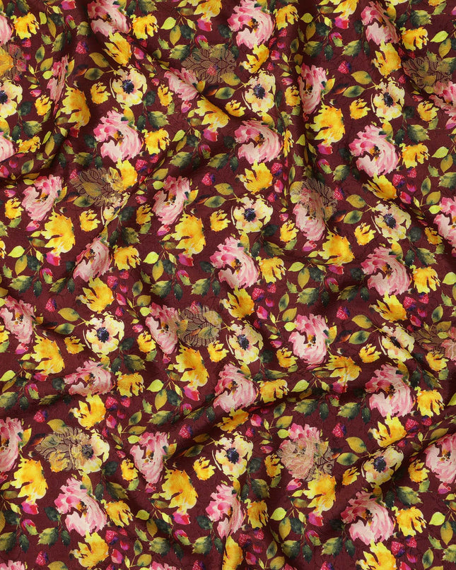 Maroon Floral Viscose Crepe Digital Print Fabric, 110 cm Wide, Made in India-D20988