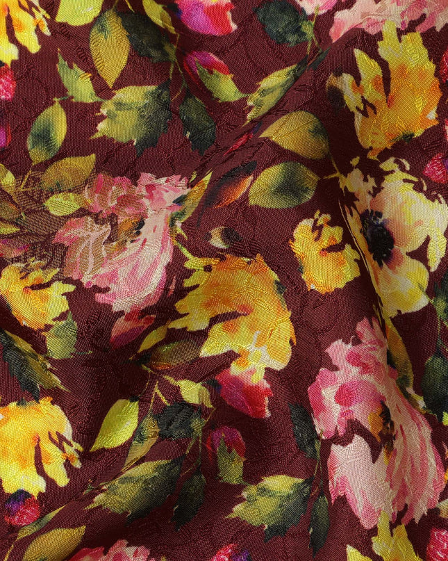 Maroon Floral Viscose Crepe Digital Print Fabric, 110 cm Wide, Made in India-D20988