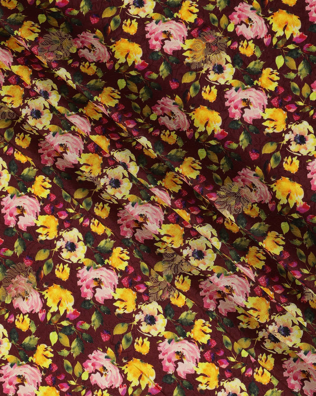 Maroon Floral Viscose Crepe Digital Print Fabric, 110 cm Wide, Made in India-D20988