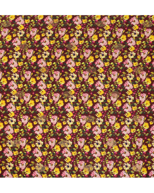 Maroon Floral Viscose Crepe Digital Print Fabric, 110 cm Wide, Made in India-D20988