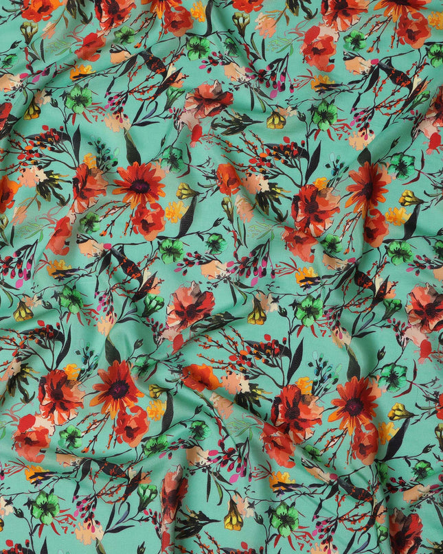 Aqua Green Floral Viscose Crepe Digital Print Fabric, 110 cm Wide, Made in India-D20989