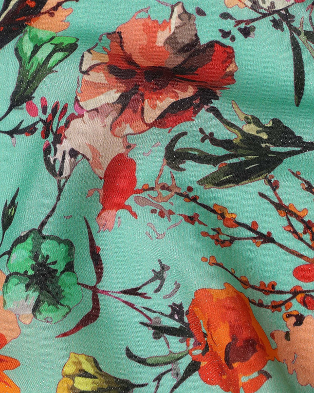 Aqua Green Floral Viscose Crepe Digital Print Fabric, 110 cm Wide, Made in India-D20989