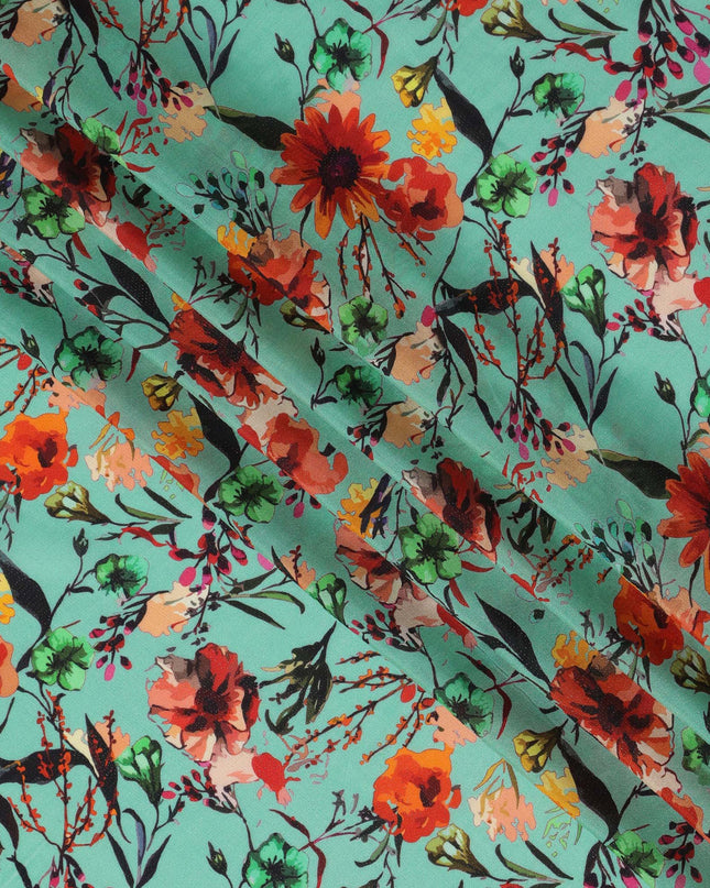 Aqua Green Floral Viscose Crepe Digital Print Fabric, 110 cm Wide, Made in India-D20989