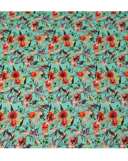 Aqua Green Floral Viscose Crepe Digital Print Fabric, 110 cm Wide, Made in India-D20989