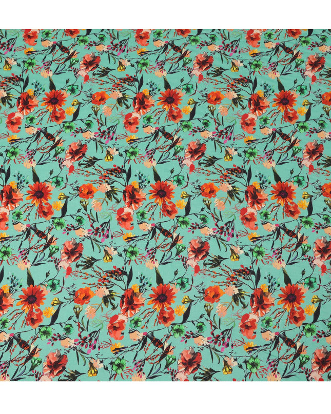 Aqua Green Floral Viscose Crepe Digital Print Fabric, 110 cm Wide, Made in India-D20989