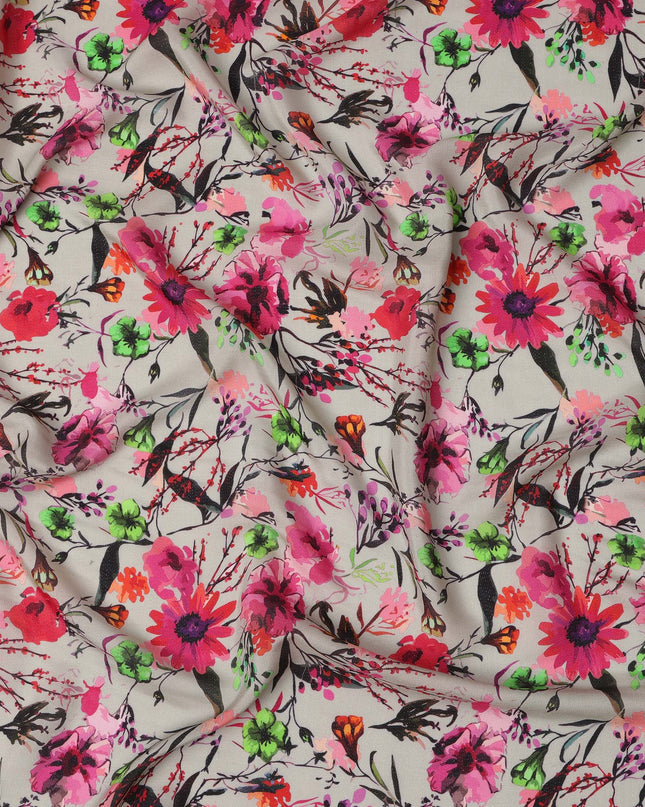 Cream Floral Viscose Crepe Digital Print Fabric, 110 cm Wide, Made in India-D20990