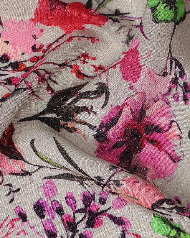 Cream Floral Viscose Crepe Digital Print Fabric, 110 cm Wide, Made in India-D20990