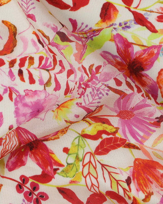 Ivory Tropical Floral Viscose Crepe Digital Print Fabric, 110 cm Wide, Made in India-D20992