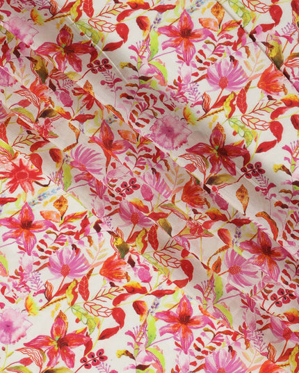 Ivory Tropical Floral Viscose Crepe Digital Print Fabric, 110 cm Wide, Made in India-D20992