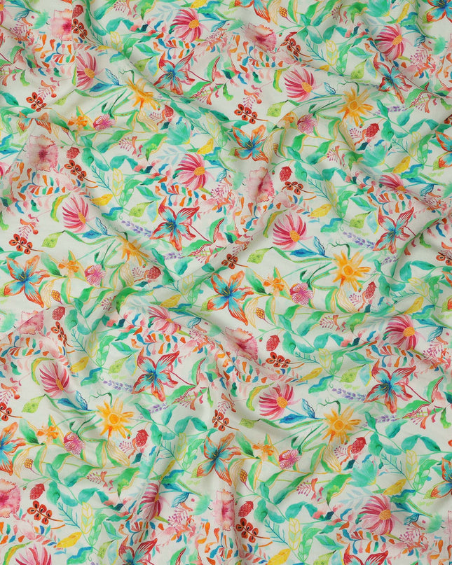 Mint Green Tropical Floral Viscose Crepe Digital Print Fabric, 110 cm Wide, Made in India-D20993