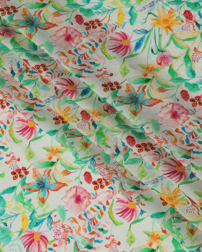 Mint Green Tropical Floral Viscose Crepe Digital Print Fabric, 110 cm Wide, Made in India-D20993