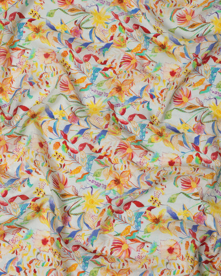 Beige Multi-Color Tropical Floral Viscose Crepe Digital Print Fabric, 110 cm Wide, Made in India-D20994