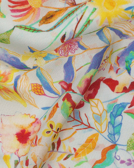 Beige Multi-Color Tropical Floral Viscose Crepe Digital Print Fabric, 110 cm Wide, Made in India-D20994