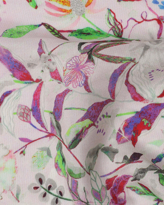 Light Pink Tropical Floral Viscose Crepe Digital Print Fabric, 110 cm Wide, Made in India-D20995