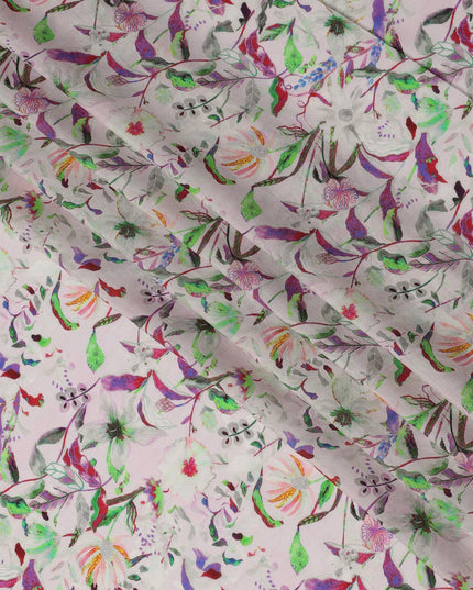 Light Pink Tropical Floral Viscose Crepe Digital Print Fabric, 110 cm Wide, Made in India-D20995