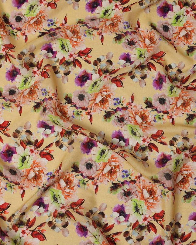 Butter Yellow Floral Viscose Crepe Digital Print Fabric, 110 cm Wide, Made in India-D20996