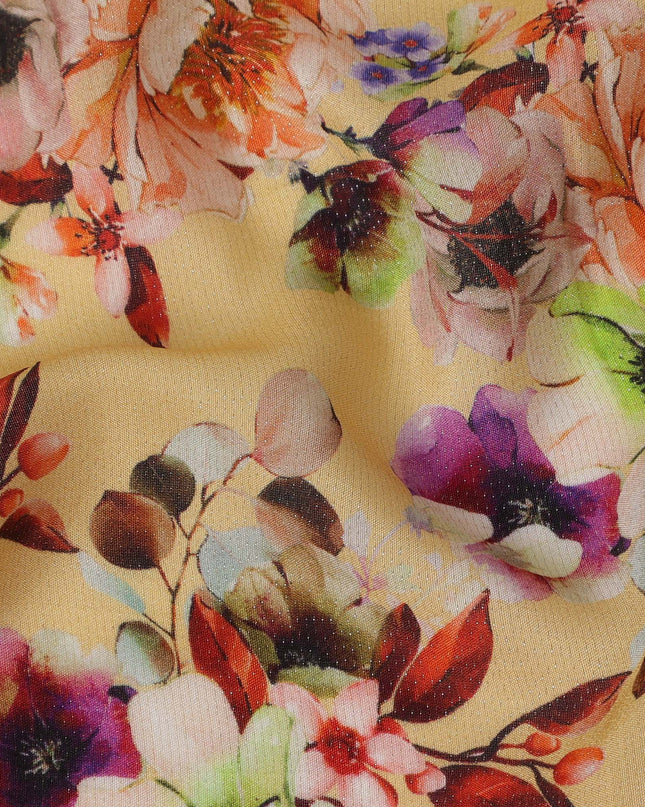 Butter Yellow Floral Viscose Crepe Digital Print Fabric, 110 cm Wide, Made in India-D20996