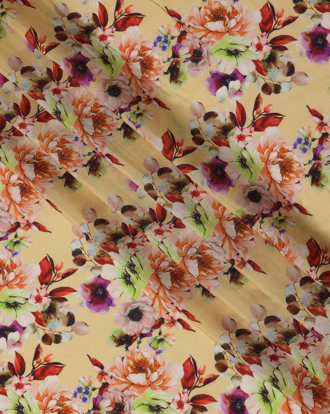 Butter Yellow Floral Viscose Crepe Digital Print Fabric, 110 cm Wide, Made in India-D20996