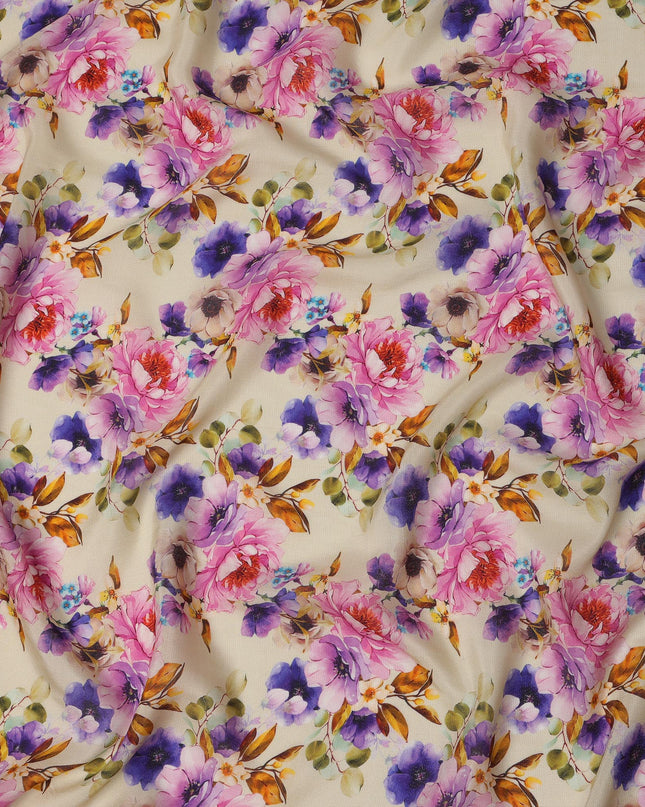 Ivory Pink and Purple Floral Viscose Crepe Digital Print Fabric, 110 cm Wide, Made in India-D20997