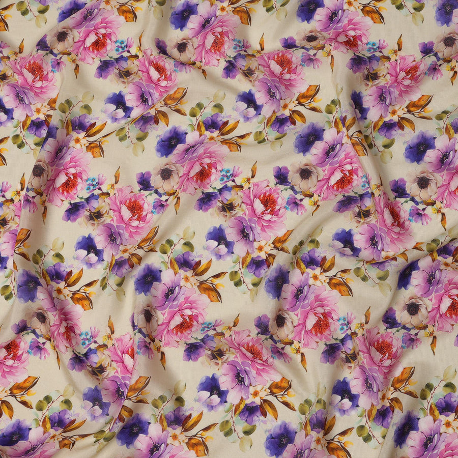 قماش كريب فيسكوز مزخرف بنقشة زهور باللون الوردي والأرجواني العاجي، عرض 110 سم، صنع في الهند-D20997