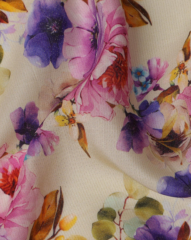 Ivory Pink and Purple Floral Viscose Crepe Digital Print Fabric, 110 cm Wide, Made in India-D20997