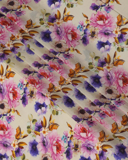 Ivory Pink and Purple Floral Viscose Crepe Digital Print Fabric, 110 cm Wide, Made in India-D20997