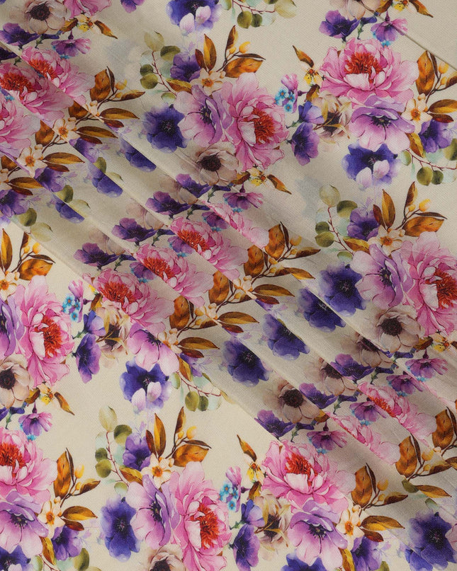 Ivory Pink and Purple Floral Viscose Crepe Digital Print Fabric, 110 cm Wide, Made in India-D20997