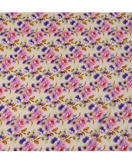 Ivory Pink and Purple Floral Viscose Crepe Digital Print Fabric, 110 cm Wide, Made in India-D20997