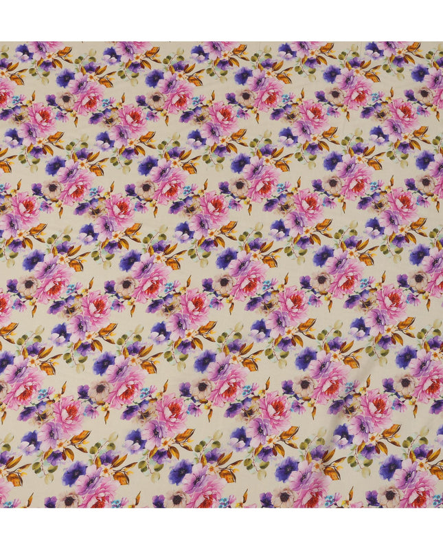 Ivory Pink and Purple Floral Viscose Crepe Digital Print Fabric, 110 cm Wide, Made in India-D20997