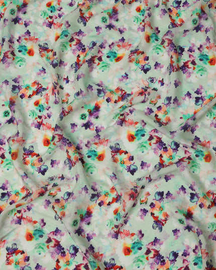 Mint Green Multi-Color Floral Viscose Crepe Digital Print Fabric, 110 cm Wide, Made in India-D20998