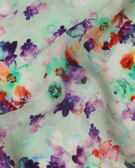 Mint Green Multi-Color Floral Viscose Crepe Digital Print Fabric, 110 cm Wide, Made in India-D20998