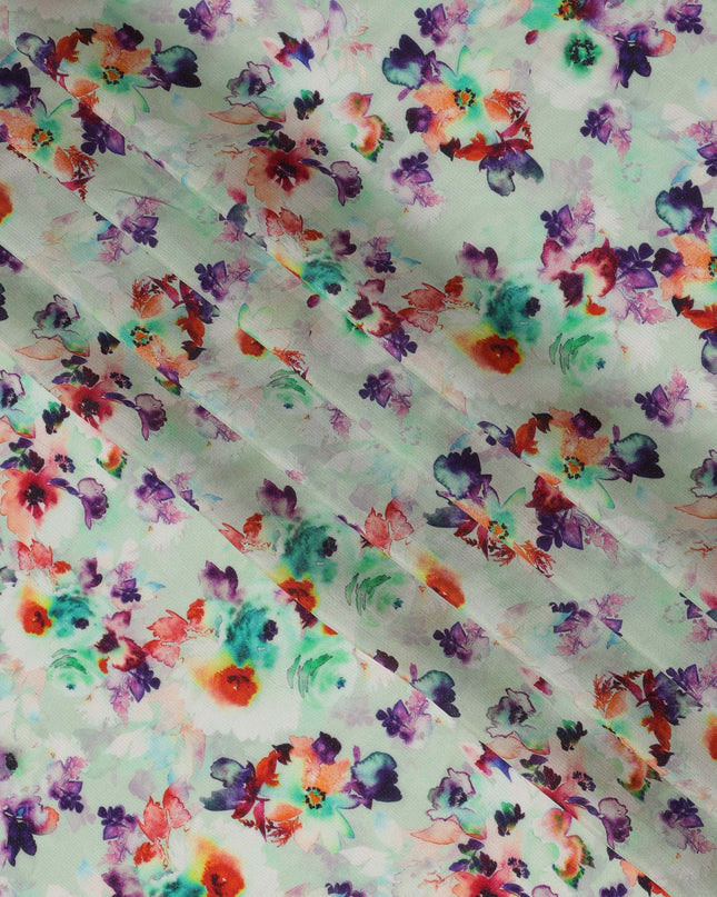 Mint Green Multi-Color Floral Viscose Crepe Digital Print Fabric, 110 cm Wide, Made in India-D20998